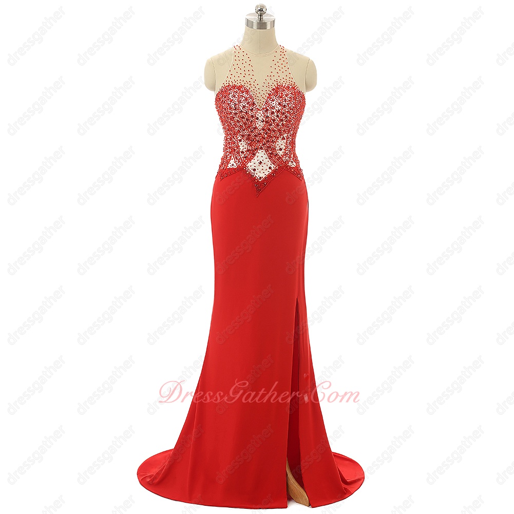 Complexion Transparent Scoop Open Back Red Evening Rite Dress Side Split Design - Click Image to Close