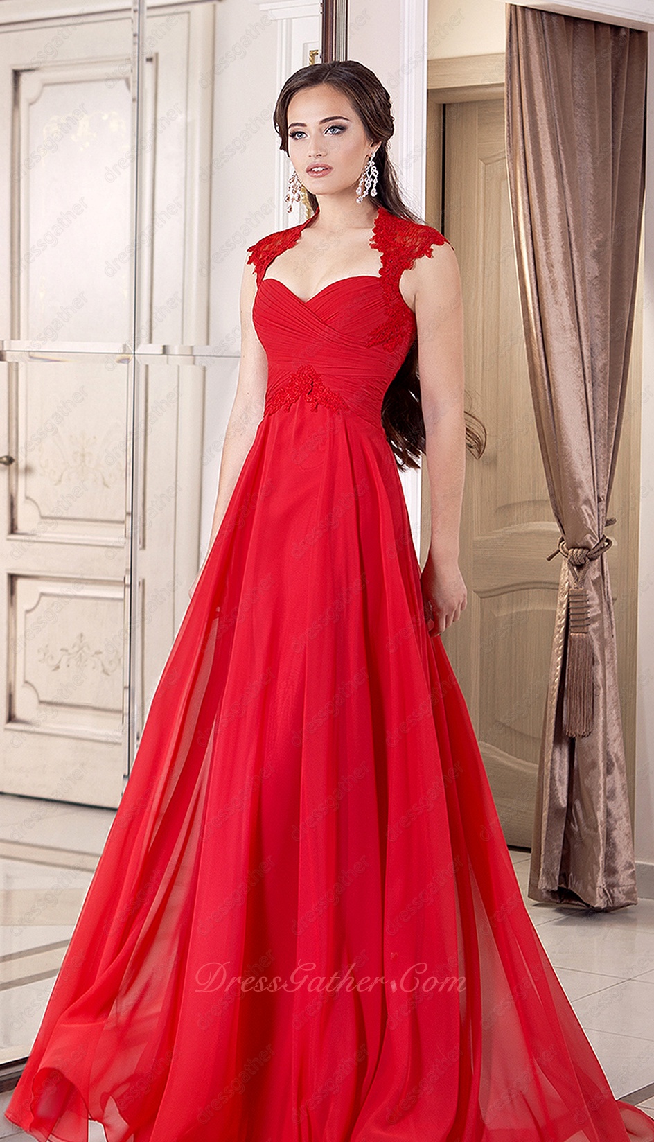 Memorable Cap Sleeves Empire Waist Lady Red Svelte Dress For Engagement - Click Image to Close