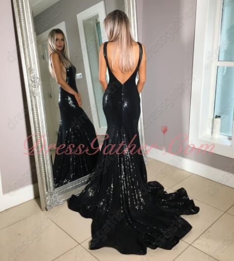 Deep V-Shaped Black Sequin Lace Sheath Club Dress Lower Back Eye-Catching - Click Image to Close