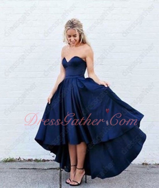 Navy Blue High Low Puffy Private Party Leisure Dress Without Sleeves - Click Image to Close