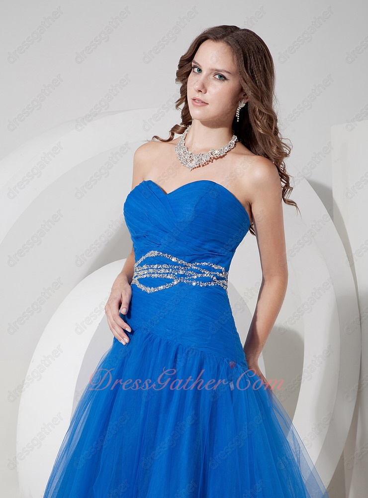Ultramarine Royal Blue Soft Tulle Dropped Waist A-line Formal Gowns Dress