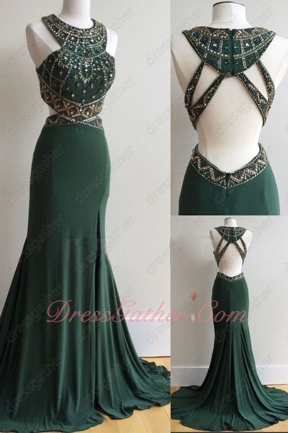 Unique Design Gold Bead Column Hunter Green Stage Show Dress Open Back - Click Image to Close