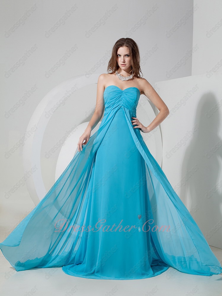 Empire Waist Middle Slit Court Train Azure Sky Blue Celebrity Prom Event Attire - Click Image to Close