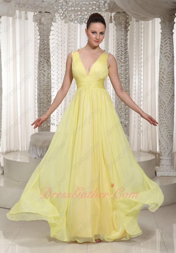 Daffodil Yellow Chiffon Deep V Neck Quality Prom Dresses Music Festival - Click Image to Close