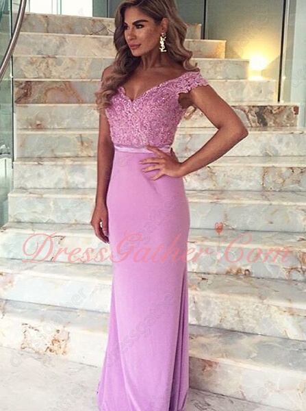 Featured Off Shoulder Sheath Lilac Prom Dress With Triangular Lace Train - Click Image to Close