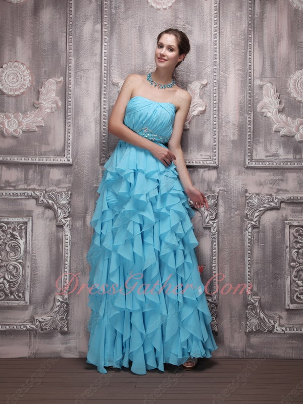 Aqua Blue Cascade Chiffon Ruffles Prom Queen Formal Dancing Dress Flowing - Click Image to Close