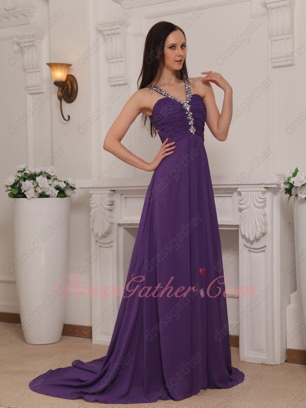 Empire A-line Court Train Eggplant Chiffon Beaded Straps Formal Party Event Gowns - Click Image to Close