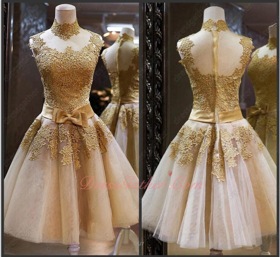 High Collar Champagne Tulle Gold Applique and Belt Short Prom Gowns Wholesale - Click Image to Close
