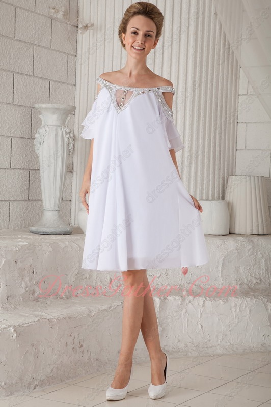 Faddish/Vogue Off Shoulder Empire White Chiffon Designer Short Prom Evening Dress - Click Image to Close