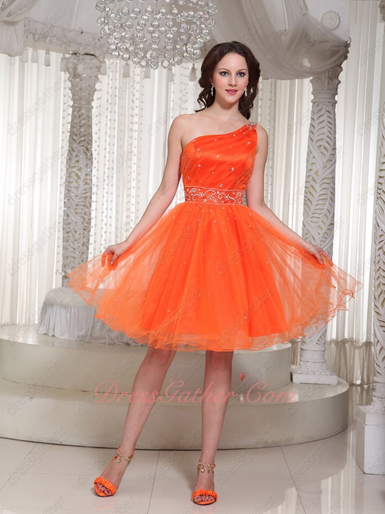 Captivating Beaded Left Strap Brightly Orange Tulle Spring Prom Mini Dress Boutique - Click Image to Close
