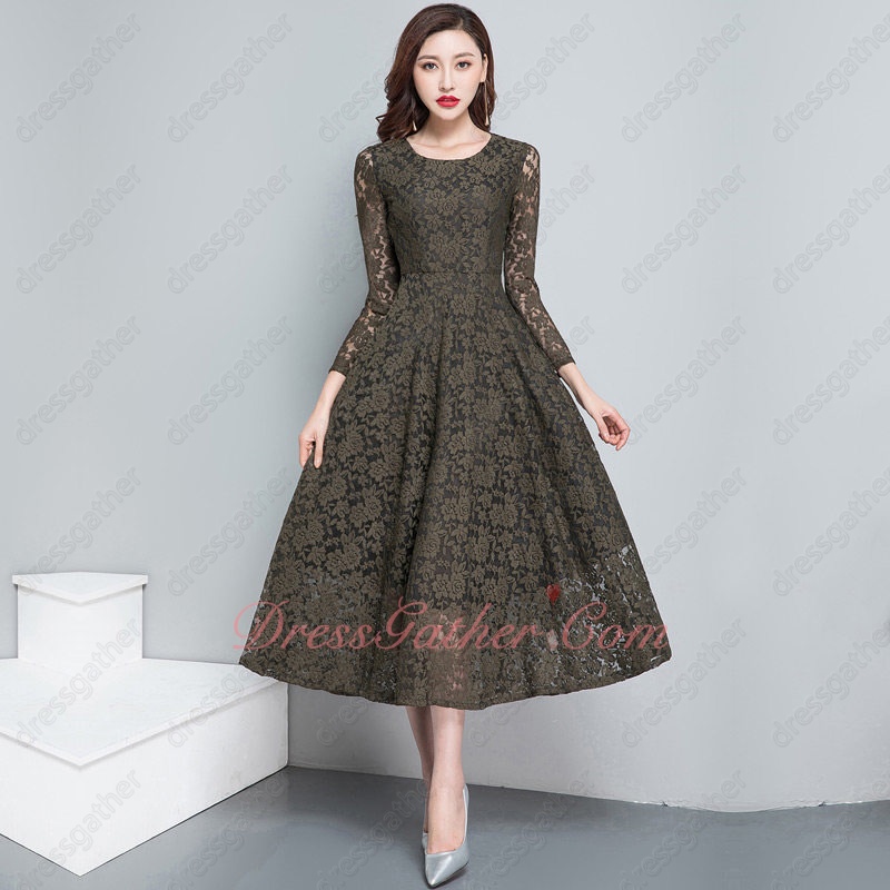 3/4 Sleeve Tea Length Sage Army Green Celadon Lace Casual Prom Dress ...