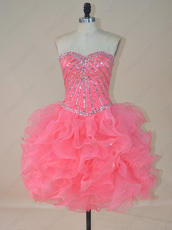 Lovely Thick Ruffles Knee Length Watermelon Organza Cocktail Dress Free Shipping UPS - Click Image to Close