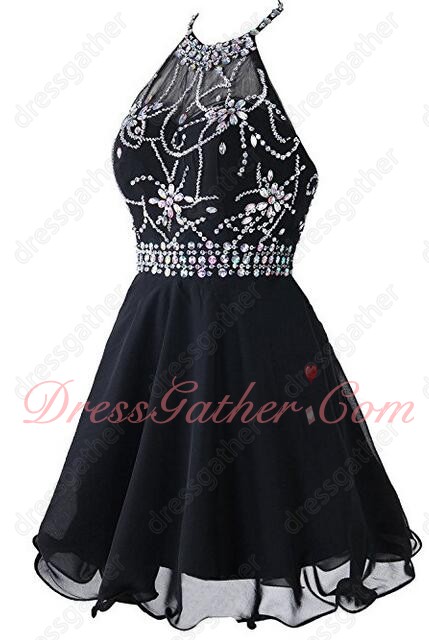Halter Beading Knee Length Skirt Black Chiffon Costume Party Dress Low Price - Click Image to Close