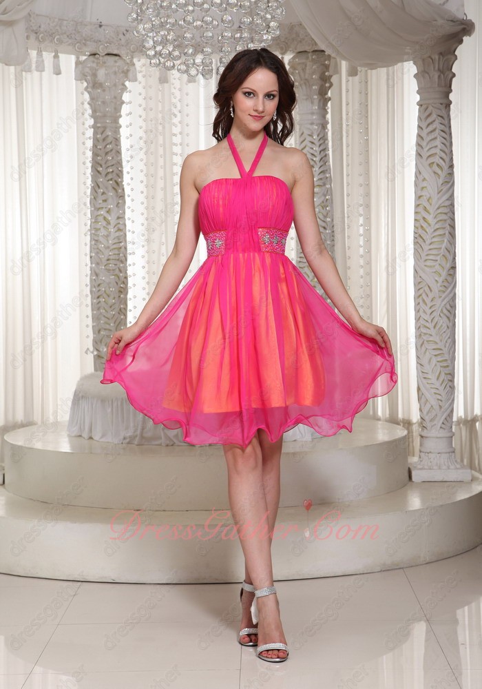 Halter Beaded Hot Pink Chiffon Orange Lining Inside Contrast Senior Prom Gowns - Click Image to Close
