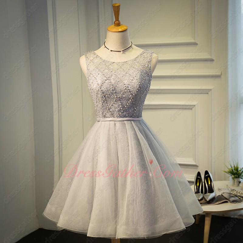 Scoop Neck Pearl Decorate Silver Lace Knee Length Maiden Homecoming Dress Shop - Click Image to Close