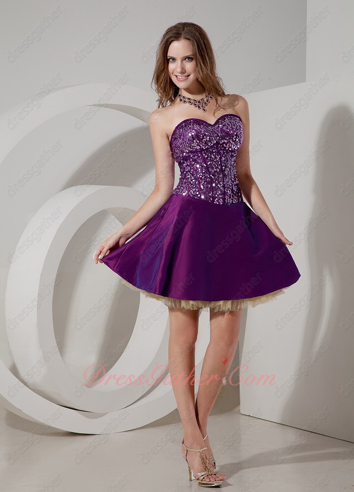 Sequin and Lines Bodice Girl Short Bright Purple Evening Club Dress Tulle Inside - Click Image to Close
