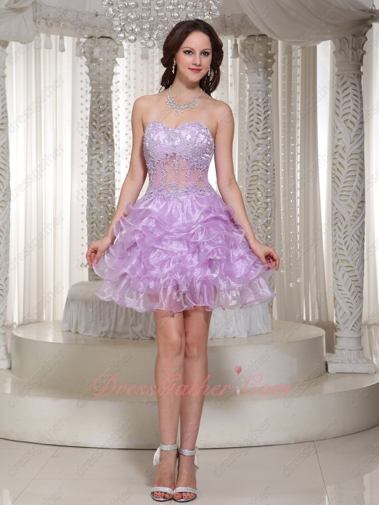 Applique Decorate Transparent Waist Multilayers Lilac Short Dancing Prom Dress Exciting - Click Image to Close
