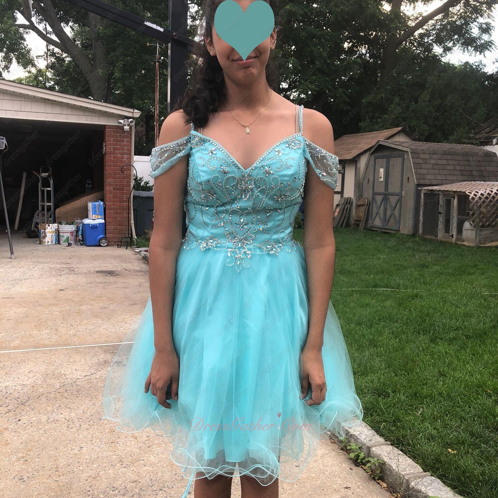 Spaghetti Straps & Off Shoulder Aqua Blue Tulle Warped Hemline College Prom Dress - Click Image to Close