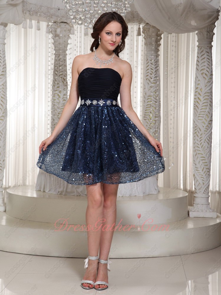 Alluring Strapless Flare Navy Sequin Short Skirt Concert Dress Formal Casual Dress - Click Image to Close