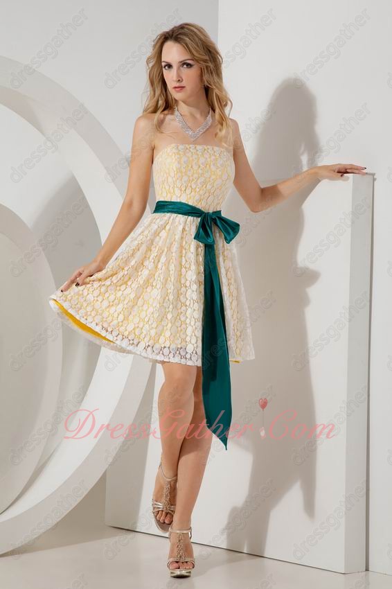 Off White Plain France Lace Peacock Blue Belt Short Prom Dress Daffodil Lining - Click Image to Close