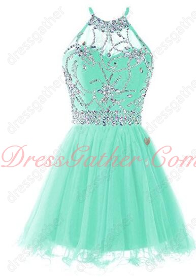 Endearing Halter Top Beading Bodice Mint Tulle Dancers Partner Short Dress - Click Image to Close