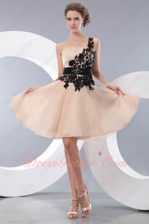 Left One Shoulder Hollow Out Venice Lace Champagne Organza Prom Event Dress Short - Click Image to Close