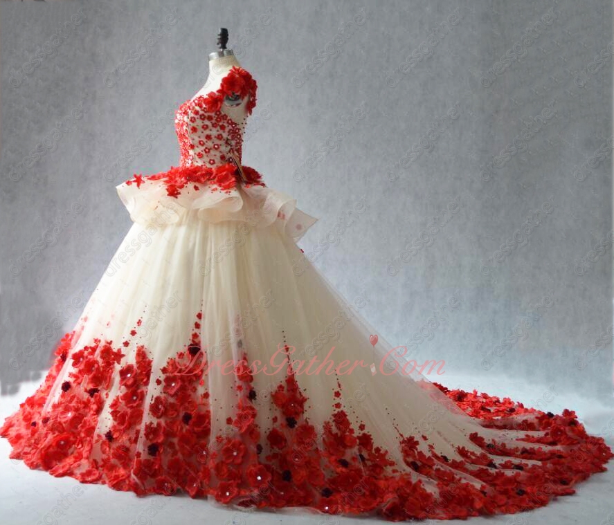 Faerie Scoop Puffy Champagne With Red Forest Series 3D Flowers Stage Show Ball Gown - Click Image to Close