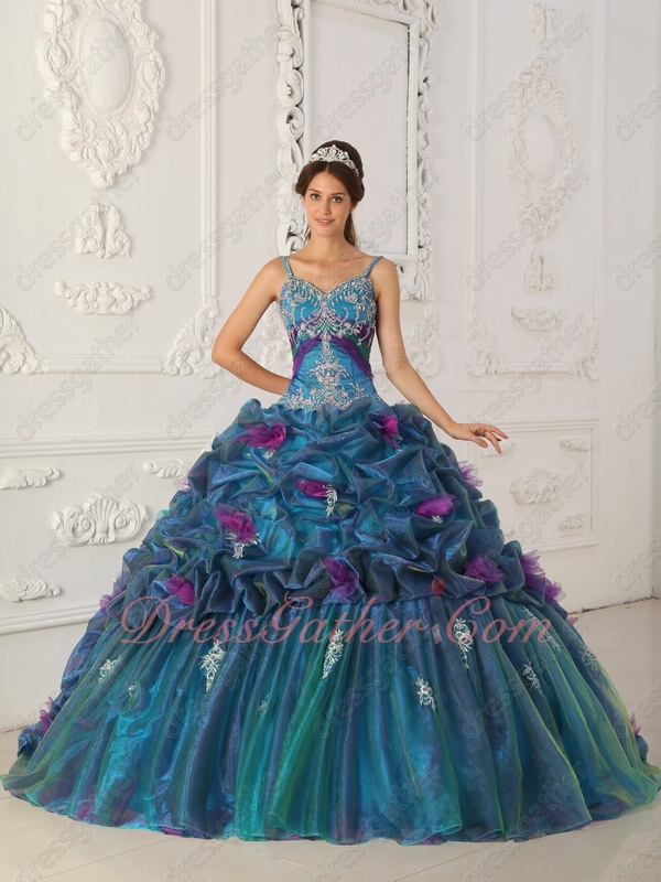 Designer Spaghetti Straps Teal Duotone/Bicolourable Quince Gown Handmade Flowers - Click Image to Close