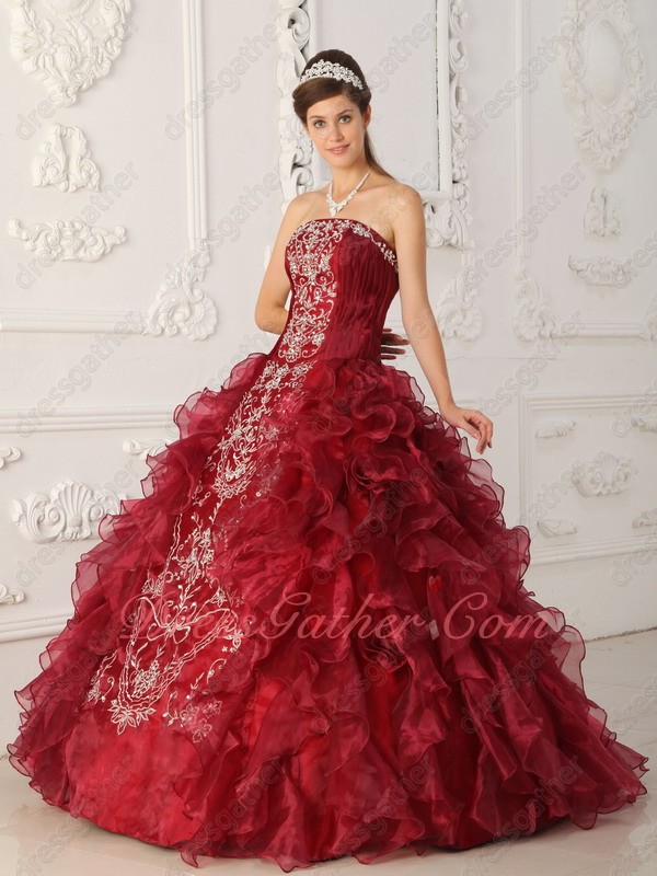 Online Shop Strapless Open Ruffles Burgundy Quinceanera Gown Silver Embroidery - Click Image to Close