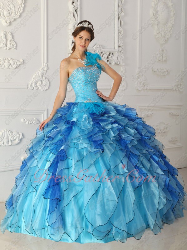 One Shoulder Aqua Blue Quinceanera Ball Gown Mingled With Royal Ruffles - Click Image to Close