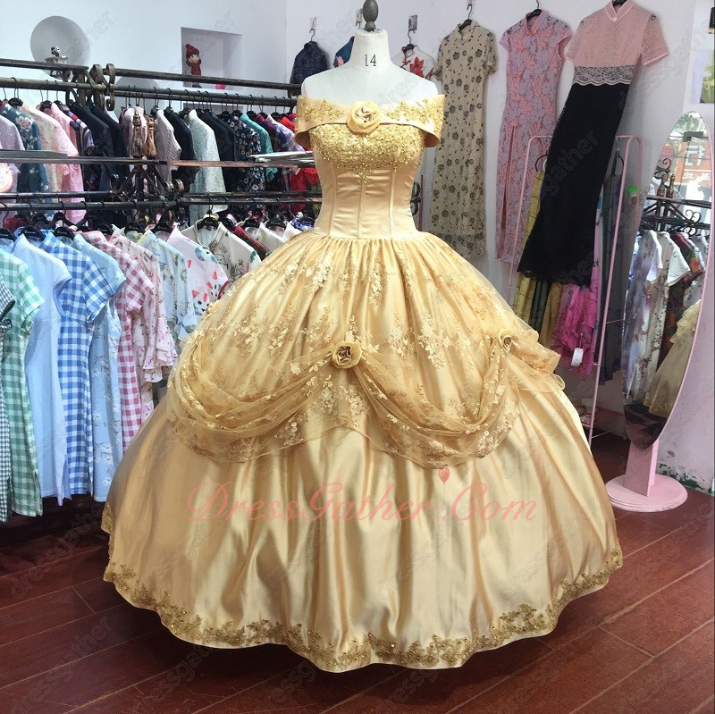 Glory Off Shoulder Gold Satin and Lace Birthday Puffy Ball Gown Quinceanera Factory - Click Image to Close