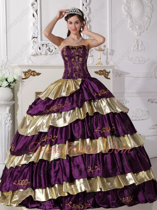 Grape Purple and Shiny Gold Alternant Layers Skirt Quinceanera Gowns Embroidery - Click Image to Close