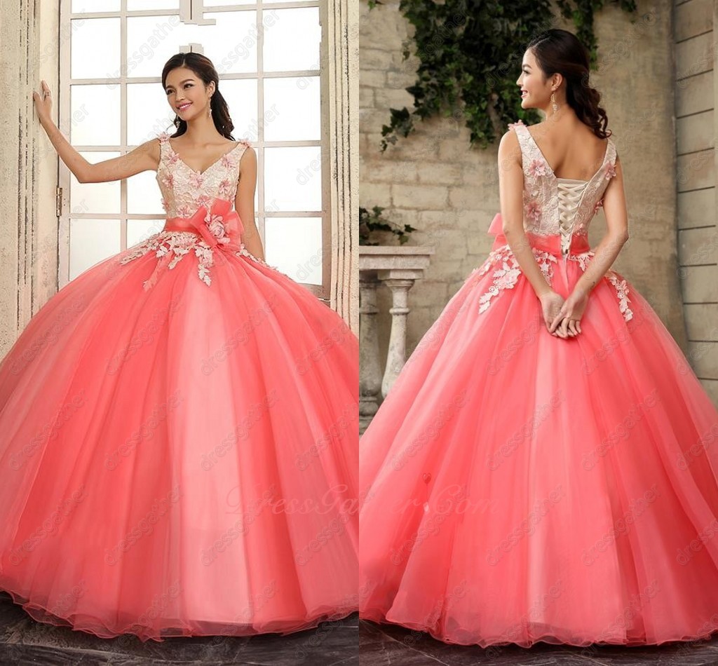 Graceful Champagne With Watermelon Puffy Quinceanera Evening Ball Gown With 3D Florets - Click Image to Close