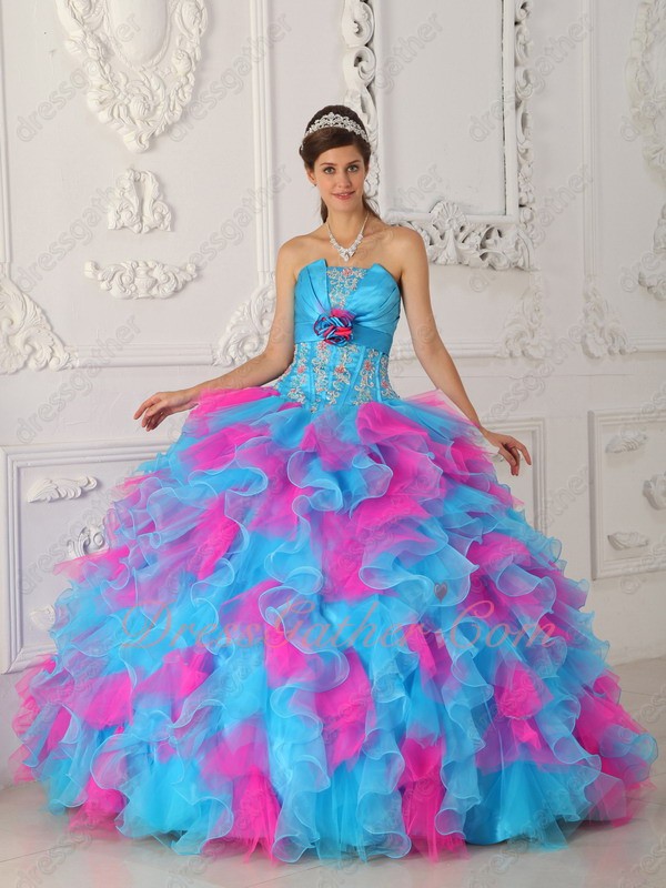 Strapless Hot Pink and Azure Aqua Mingled Ruffles Skirt Quinceanera Gown Excellent - Click Image to Close