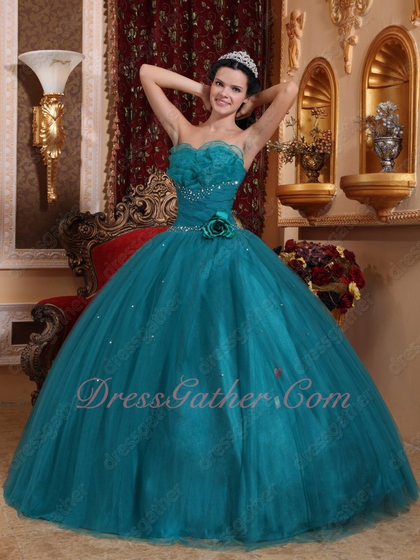 Dark Teal Cyan Mesh Tulle Quinceanera Ball Gown With Layers Flouncing Strapless - Click Image to Close