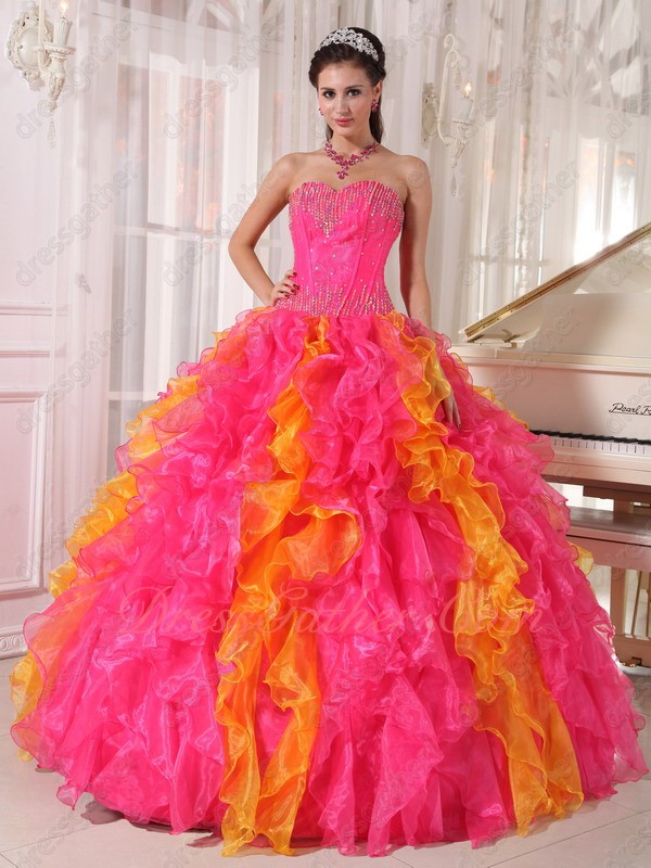 Hot Pink and Orange Mingled Ruffles Skirt Girl's First Quinceanera Ball Gown - Click Image to Close