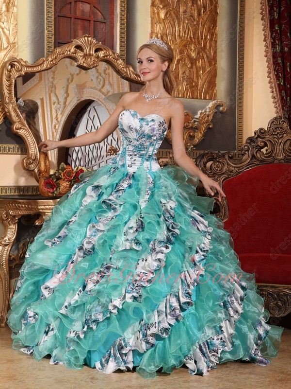 Apple Green Organza and Printed Floral Pattern Oblique Layers Quinceanera Ball Gown - Click Image to Close