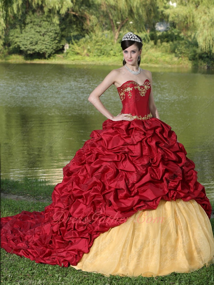 Wine Red Taffeta Bubble Train Overlay Flat Gold Organza Quinceanera Gown - Click Image to Close