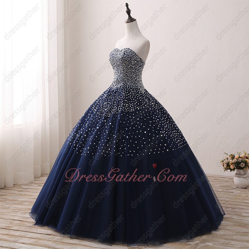 Fascinating Navy Blue Bulgy Tulle Quinceanera Court Gowns Sewn Ablaze Silver Beading - Click Image to Close