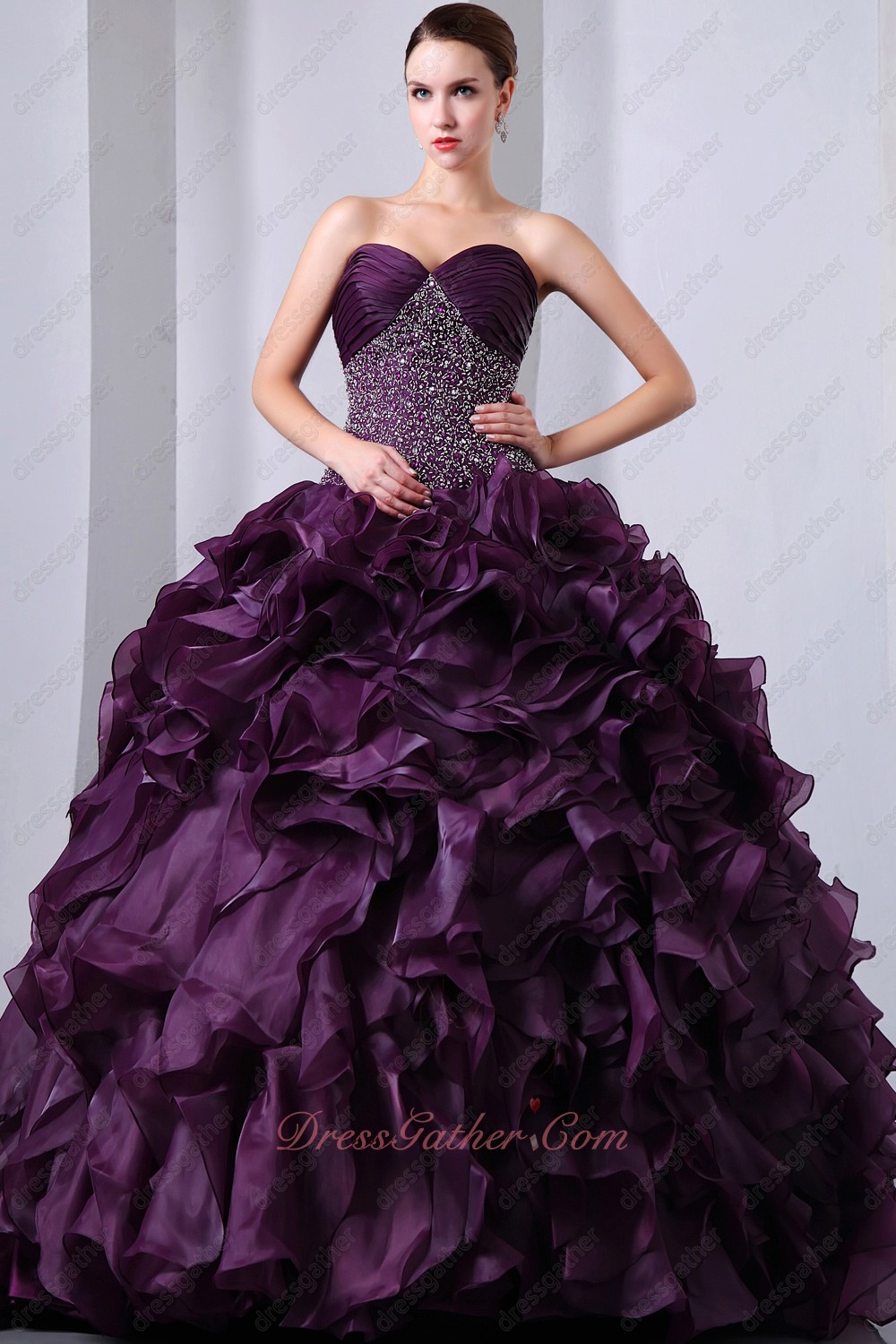 Grape Purple Ruffles Beadwork Dropped Waist Bodice Quinceanera Dresses Gowns Military - Click Image to Close