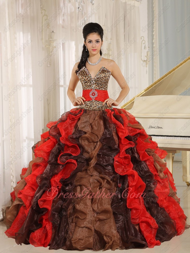 Cyclic Brown/Red/Black Mixed Dense Ruffles Quince Evening Gown With Leopard - Click Image to Close