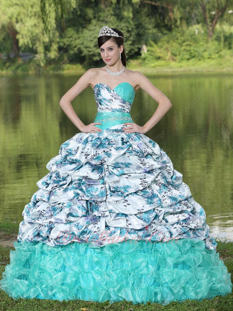 Apple Green Organza Ruffles Printed Bubble Train Overlay Quinceanera Gown Girls - Click Image to Close
