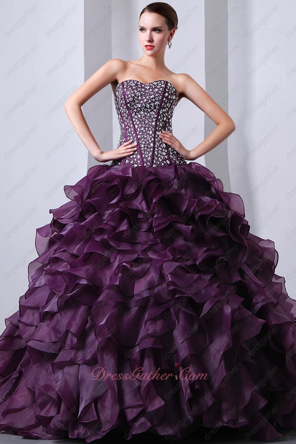 Grape Purple Silver Bead V Waistline Top Ruffles Quinceanera Dresses Gowns Pageant - Click Image to Close