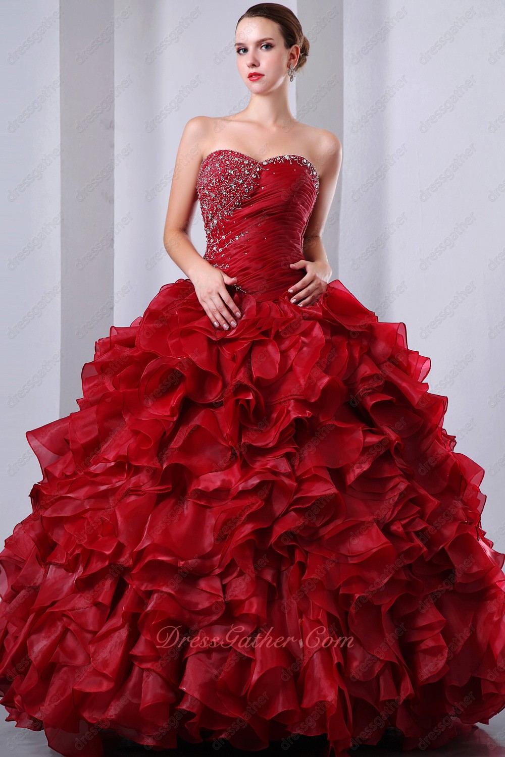 Brilliant Wine Red Handmade Pin-tucks and Ruffles Quinceanera Dresses Cold Wear - Click Image to Close