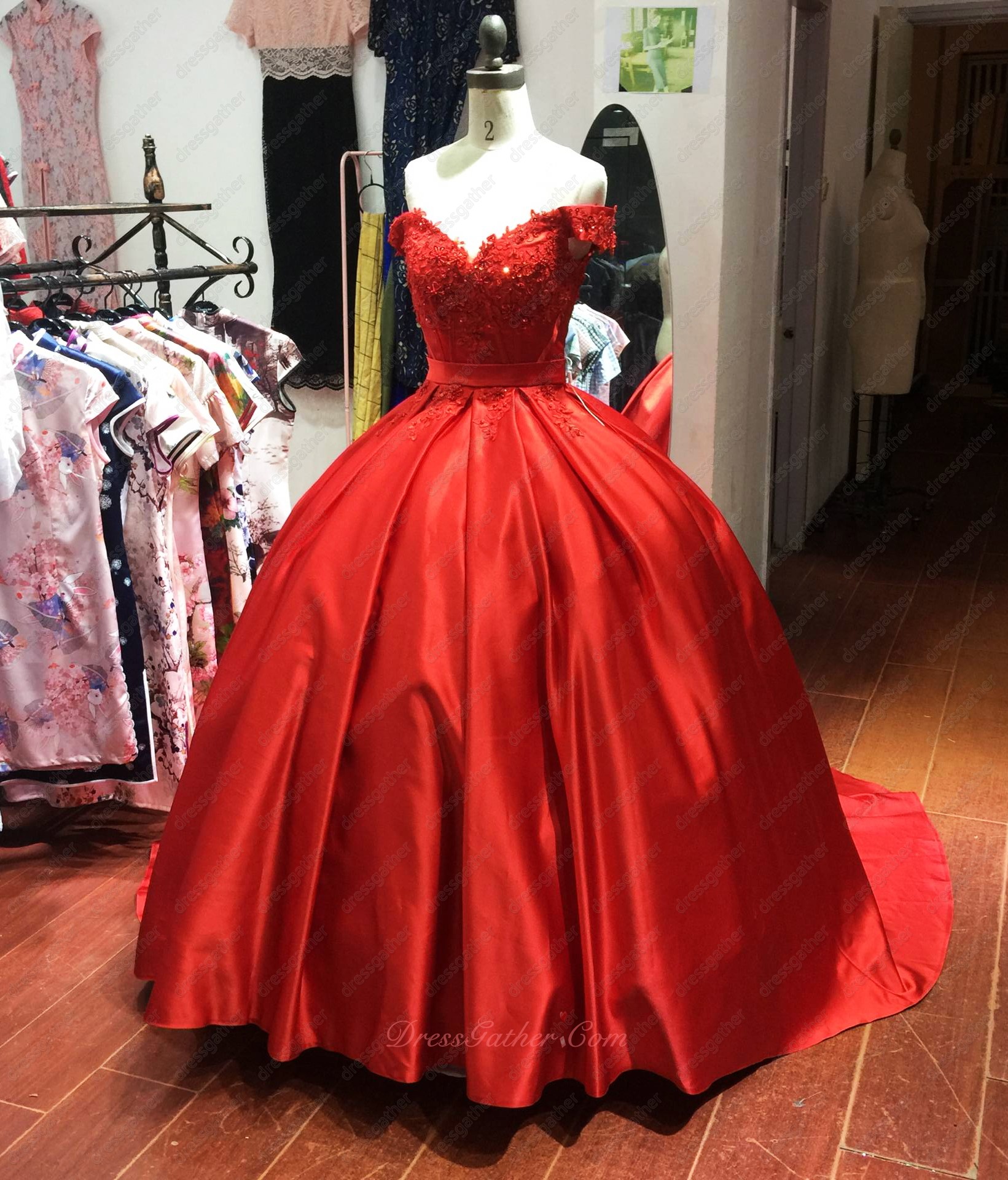 Off Shoulder Red Satin Pocket Quinceanera Ball Gown Girls' Sweet 16 Birthday Gift - Click Image to Close