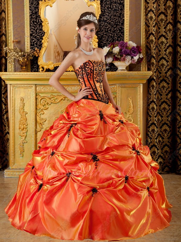 Bright Orange Lines V-Shaped Basque Vintage Quinceanera Dress With Black Embroidery - Click Image to Close