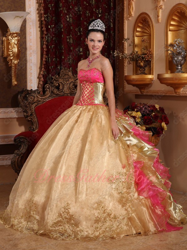 Flat Front/Gold and Hot Pink Mixed Ruffles Back Quince Military Gown Shiny - Click Image to Close