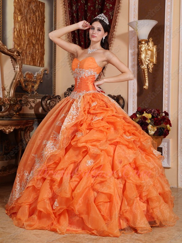 Classical Best Seller Orange Organza Ruffles With Overlay Quinceanera Ball Gown - Click Image to Close