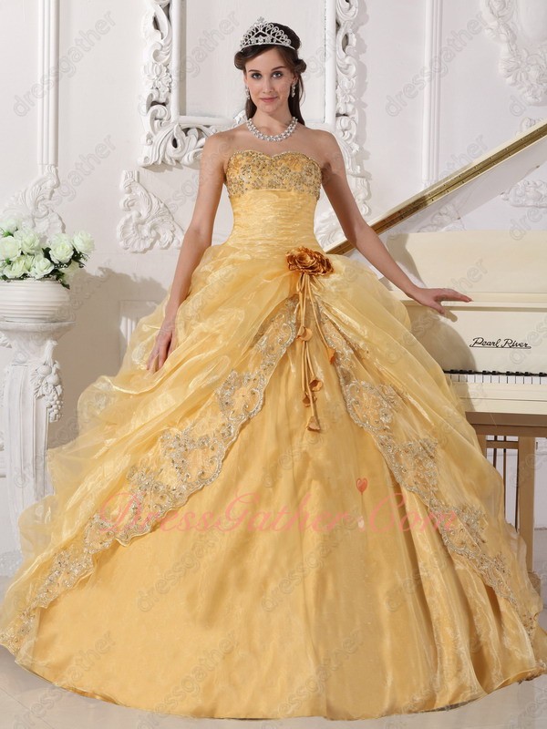 Golden Yellow Shiny Organza Opera Quinceanera Ball Gown Open/Slit With Lacework - Click Image to Close