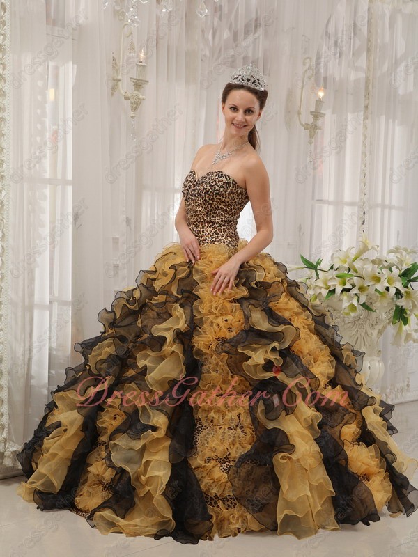 Leopard/Gold Yellow/Black Mingled Ruffles Quinceanera Ball Gown Military - Click Image to Close